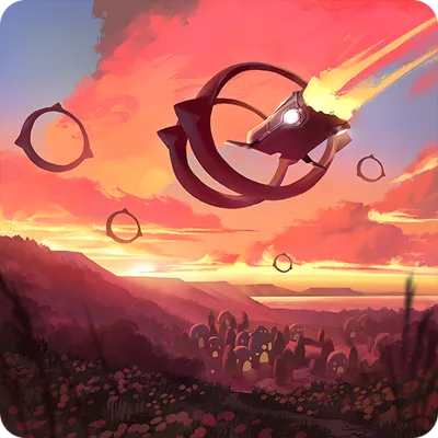 SkyQuest, an Aviron open-world flying game where you fly through rings over a sunset landscape