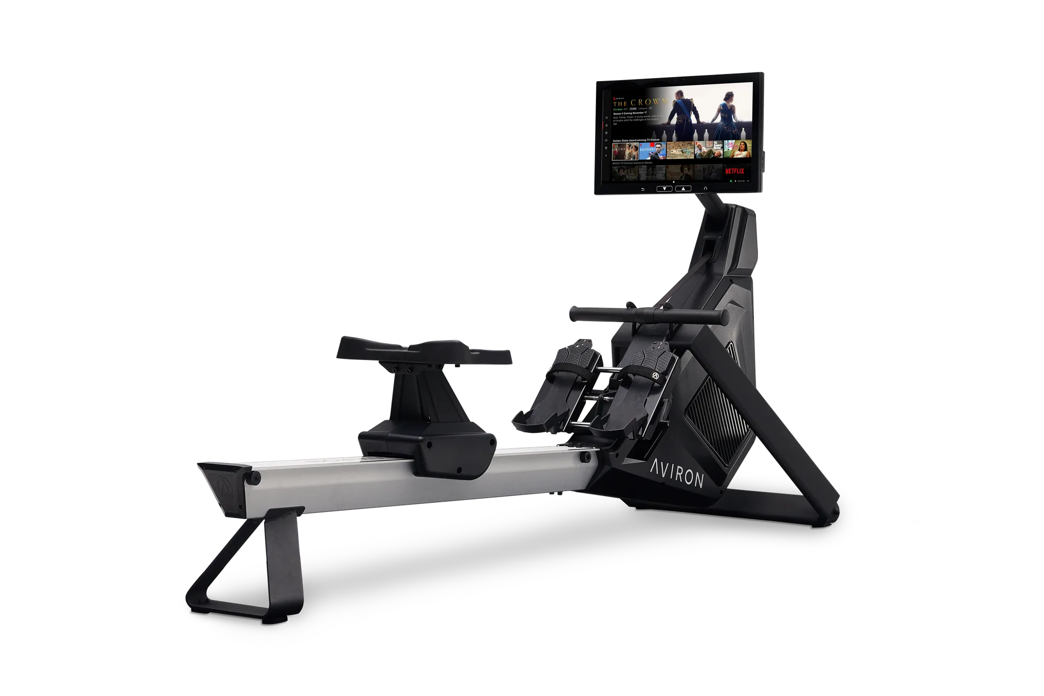 Aviron Strong Series Rower in a quiet home, streaming Netflix on the 22-inch display.