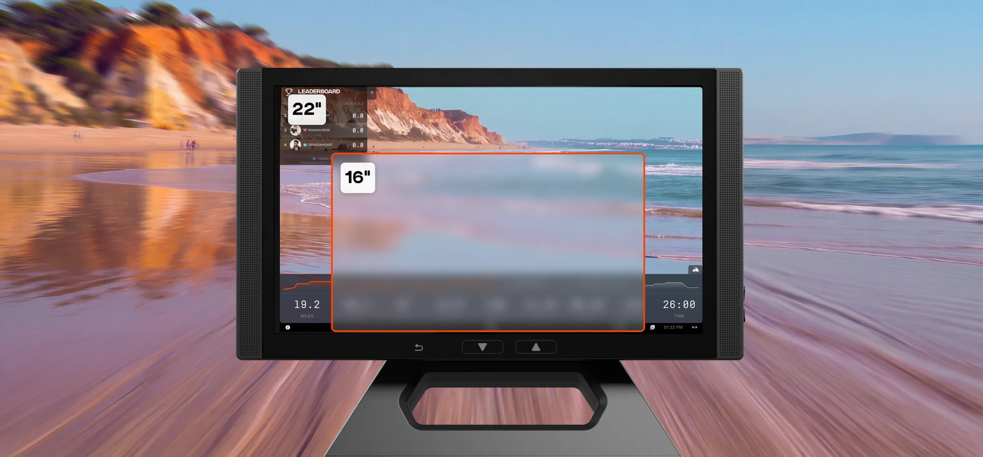 Aviron Treadmill touchscreen on a beach run, comparing the 16-inch and 22-inch display sizes