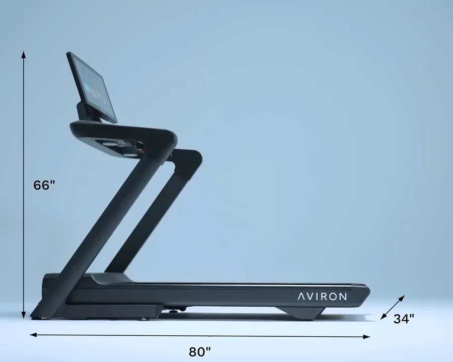 Side view of the Aviron Treadmill with dimensions: 80 inches long, 34 inches wide, 66 inches high
