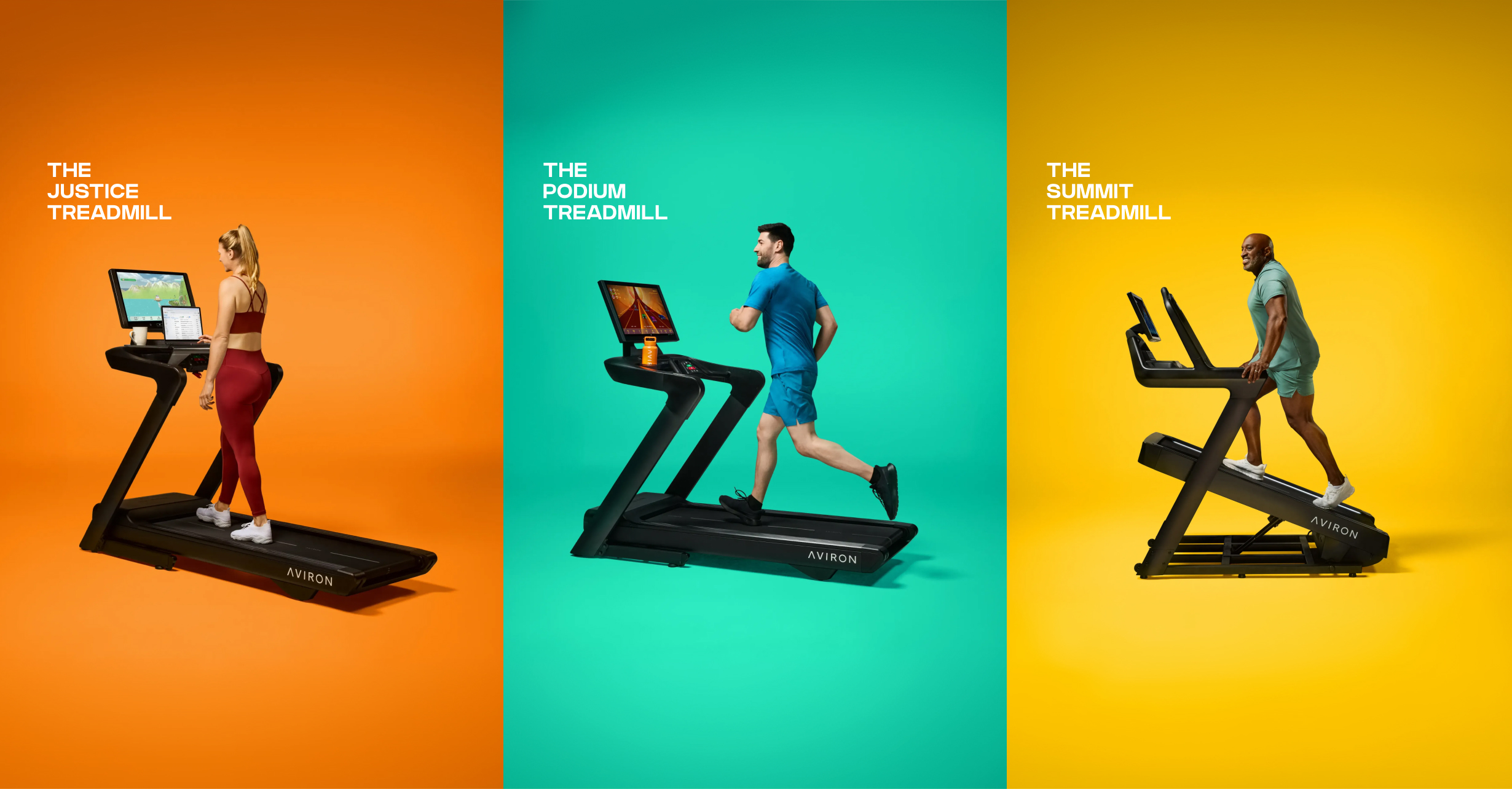 Aviron Justice, Podium and Summit treadmills, the new 2026 Aviron treadmill lineup