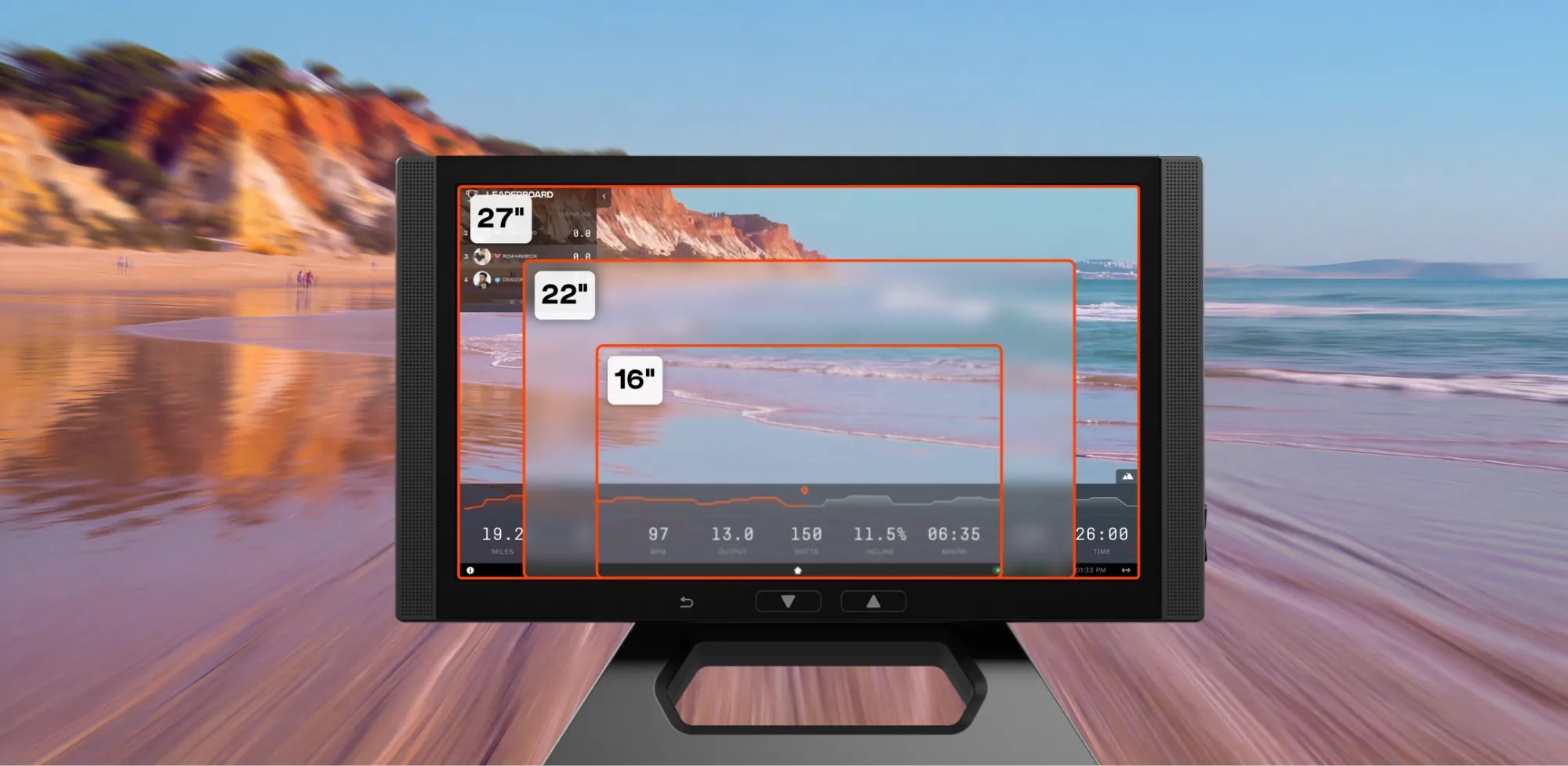 Aviron Treadmill touchscreen on a beach run, comparing the 16-inch, 22-inch and 27-inch display sizes