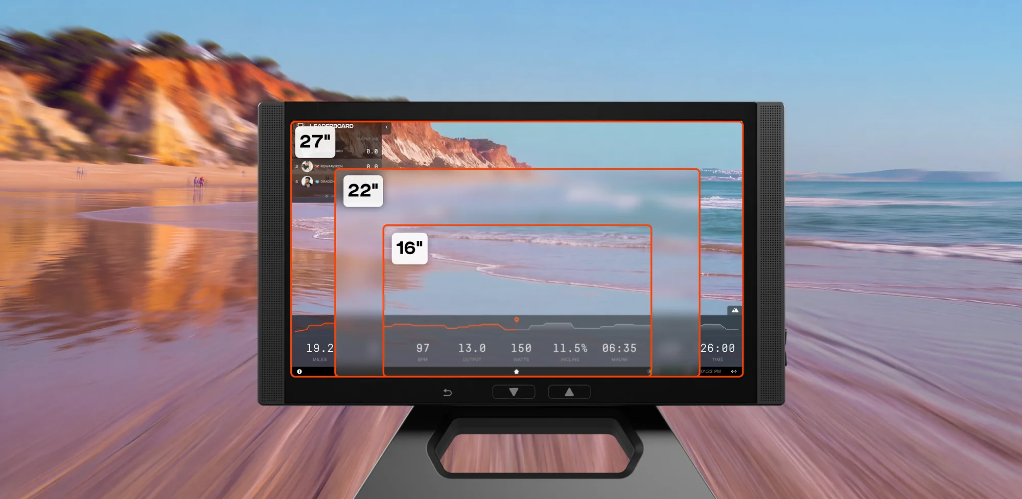 Aviron Treadmill touchscreen on a beach run, comparing the 16-inch, 22-inch and 27-inch display sizes