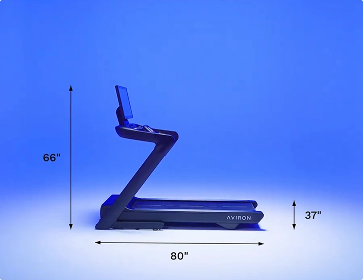 Side view of the Aviron Podium Treadmill with dimensions: 80 inches long, 37 inches wide, 66 inches high