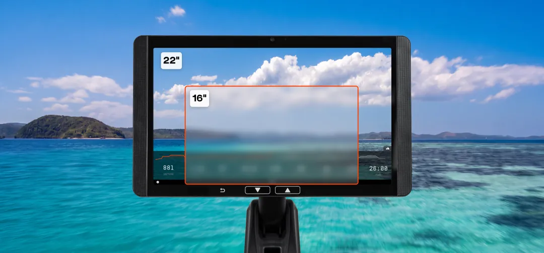 Aviron Strong Rower touchscreen over a tropical lagoon, comparing the 16-inch and 22-inch display sizes