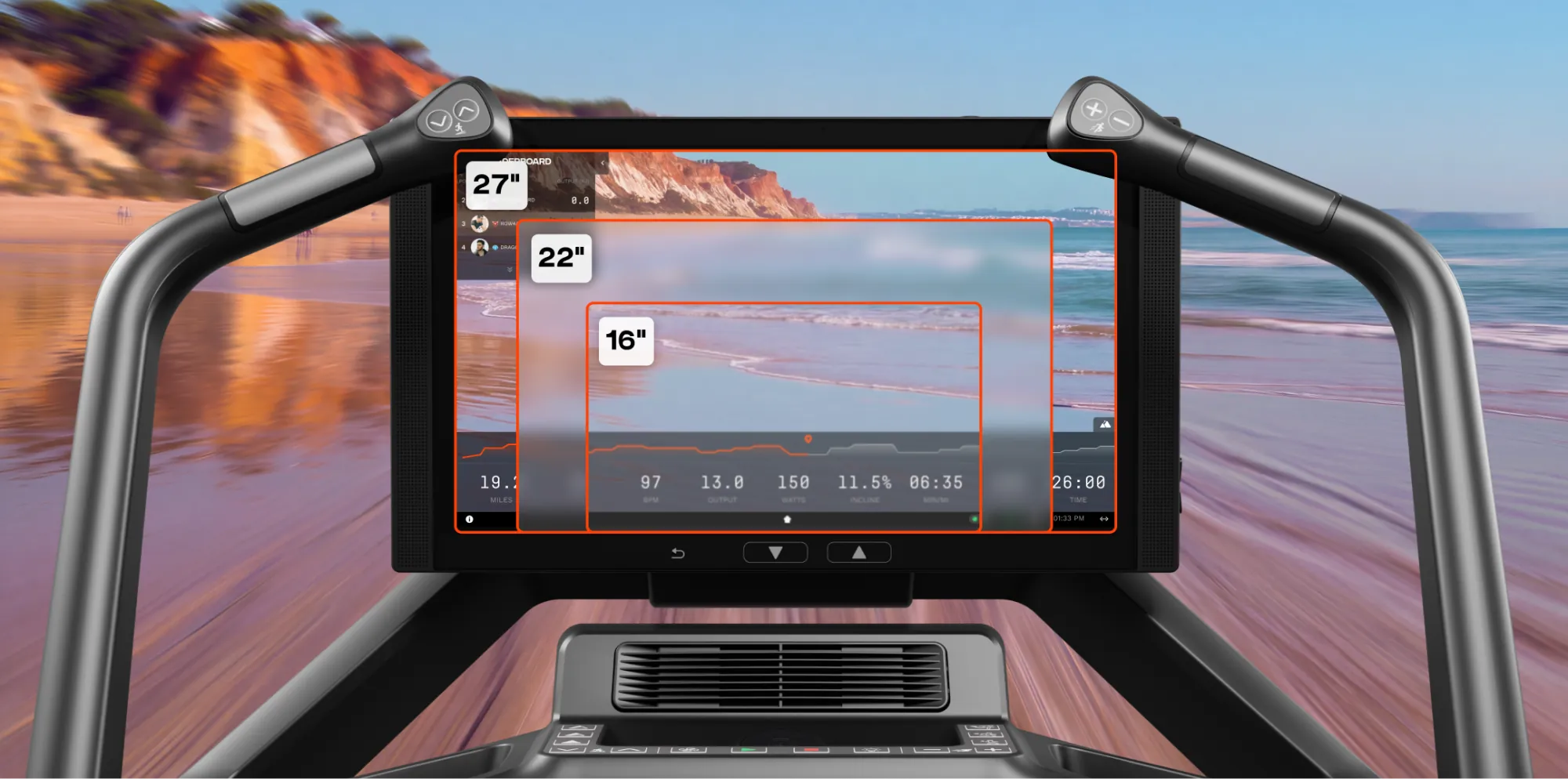 Aviron Summit Treadmill touchscreen on a beach run, comparing the 16-inch, 22-inch and 27-inch display sizes