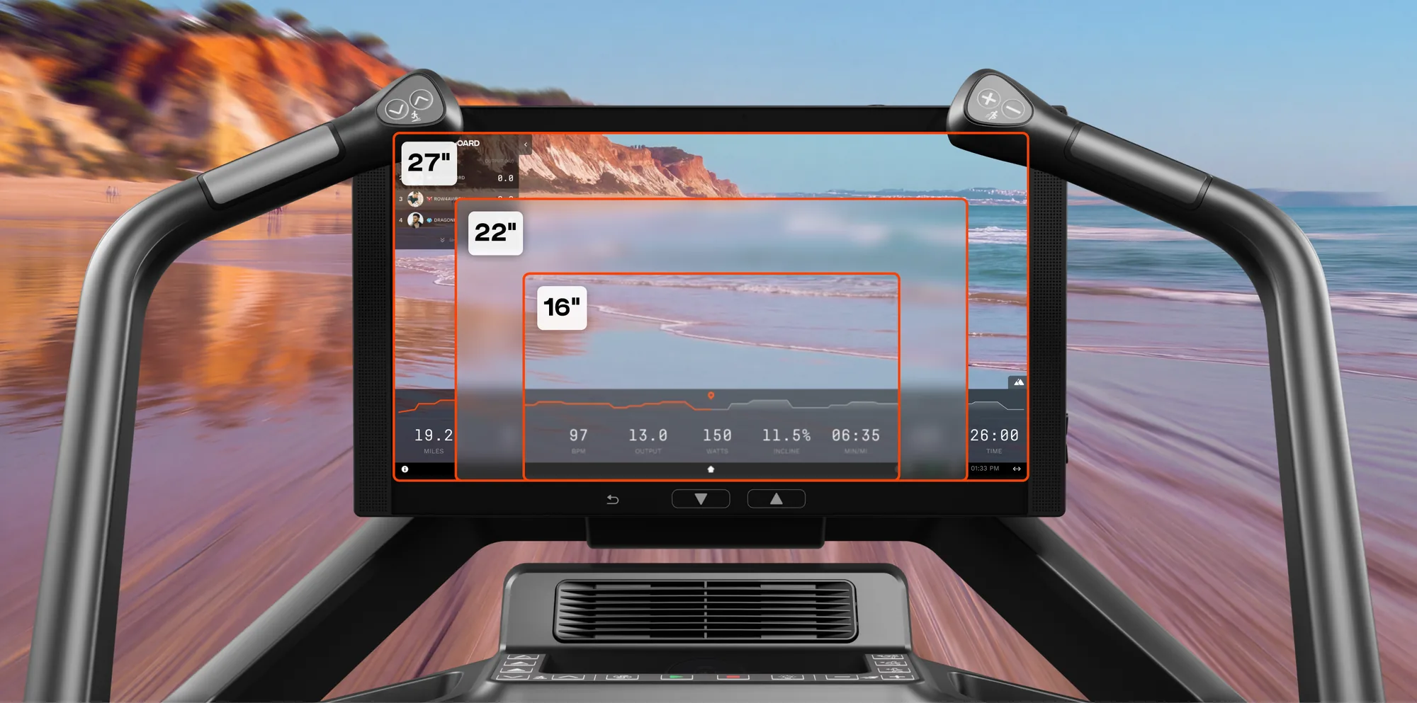 Aviron Summit Treadmill touchscreen on a beach run, comparing the 16-inch, 22-inch and 27-inch display sizes