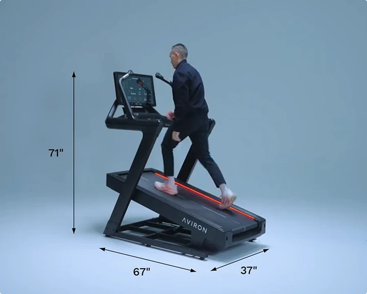 Aviron Summit Treadmill shown with dimensions: 67 inches long, 37 inches wide, 71 inches high